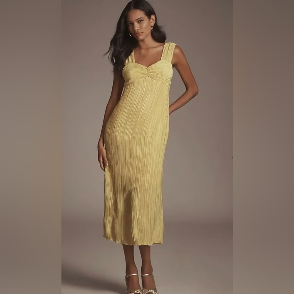 ANTHROPOLOGIE PLEATED SATIN MIDI DRESS GOLDEN YELLOW SIZE S/L NWT